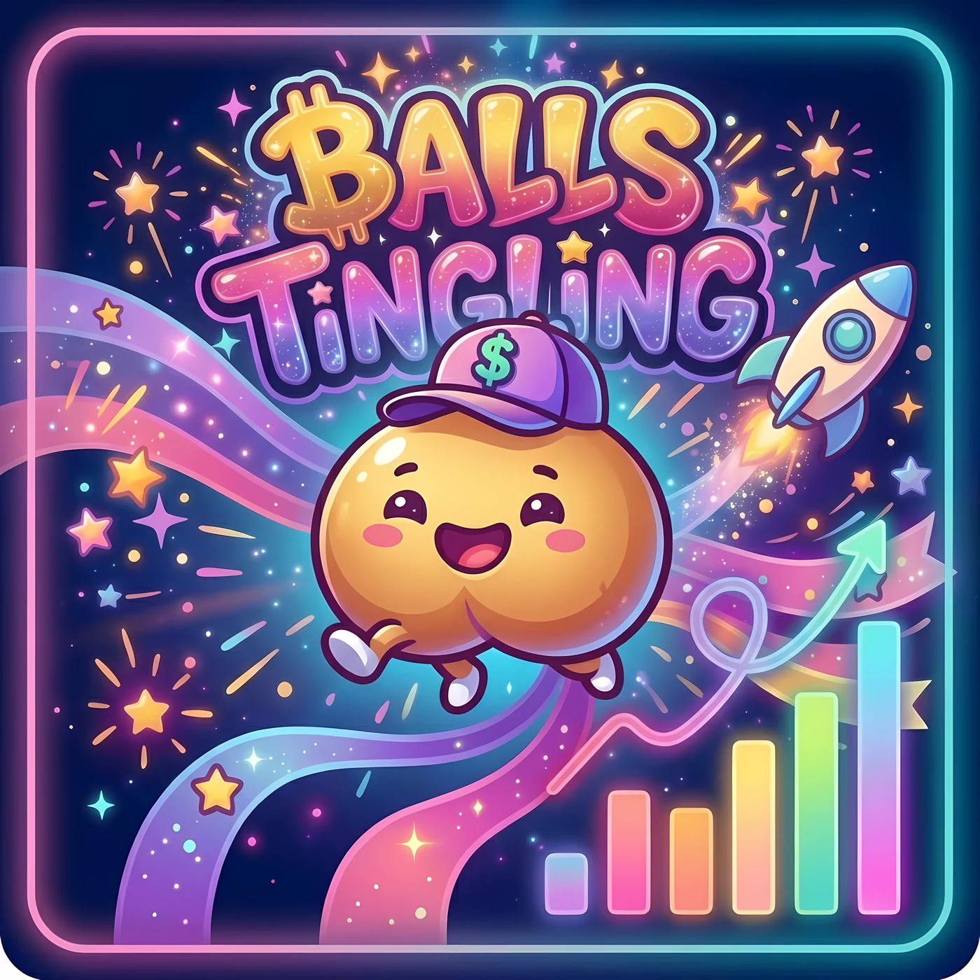 Tingles, a smiling golden ball in a purple dollar-sign cap, zooming through a neon night sky